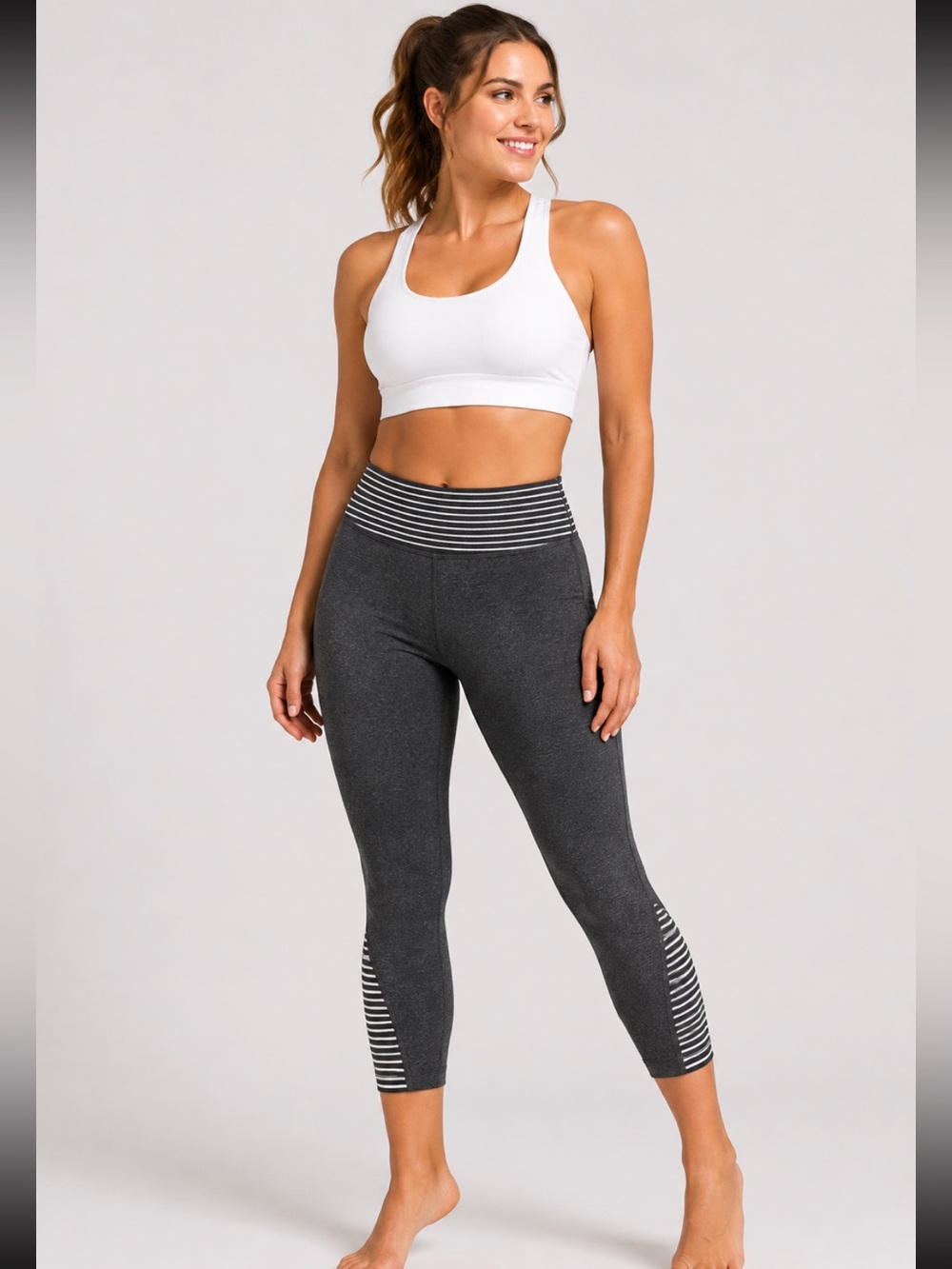 #290 Athleta Striped Crop Leggings Gray Black White Small EUC